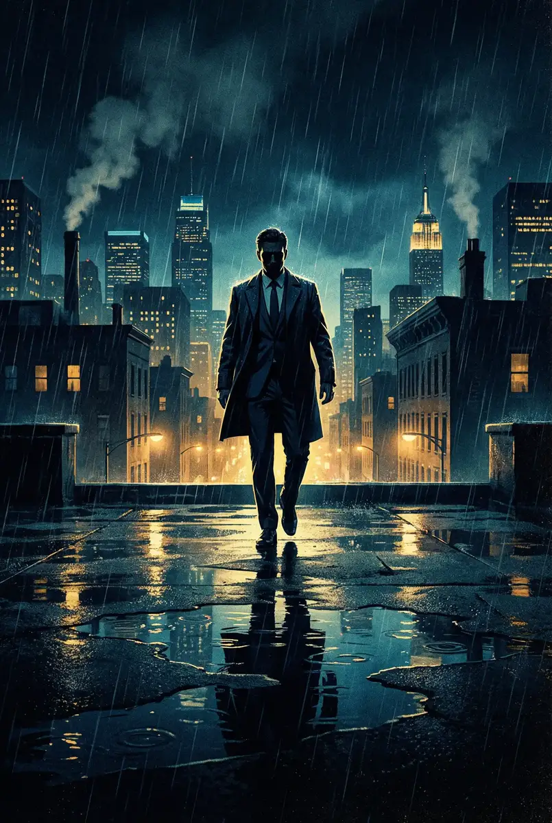 蜗居 小说 出品影片《雨夜独行者》海报，雨中城市屋顶男性剪影